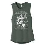 Ready To Ship - Neutral In Situations of Injustice Women’s Bella Canvas Military Green Muscle Tank